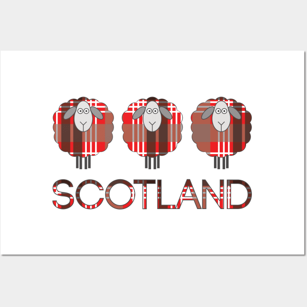 Trio of Scottish Red, Black and White Tartan Patterned Sheep Wall Art by MacPean